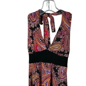 Wet Seal Womens Sz M Multicolor Paisley Halter Backless V Neck Maxi Long Dress